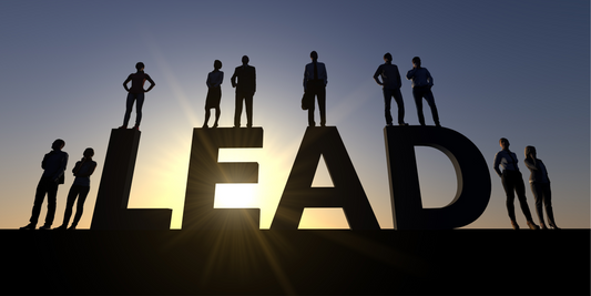 Silhouetted businesspeople standing confidently on large 3D letters spelling 'LEAD' at sunset, symbolising leadership, growth, and business influence.