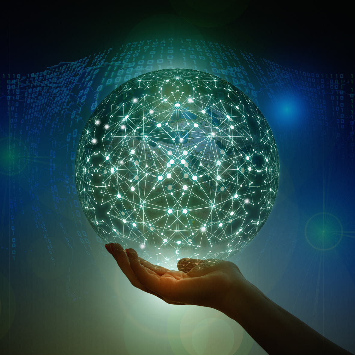 Hand holding a glowing digital sphere made of interconnected nodes and data points, symbolising innovation, technology, and the power of connected intelligence.