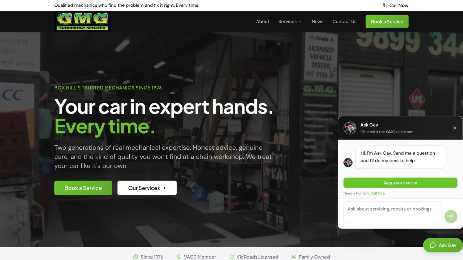 The Ask Gav concierge open on the GMG website, offering to answer questions and book a service
