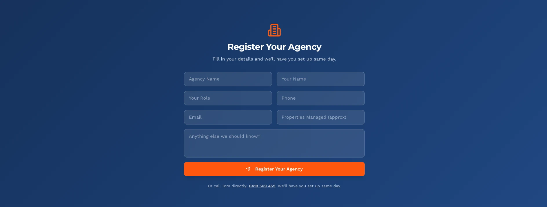 The property-manager enquiry path on the Whitehorse Plumbing site: a Register Your Agency form
