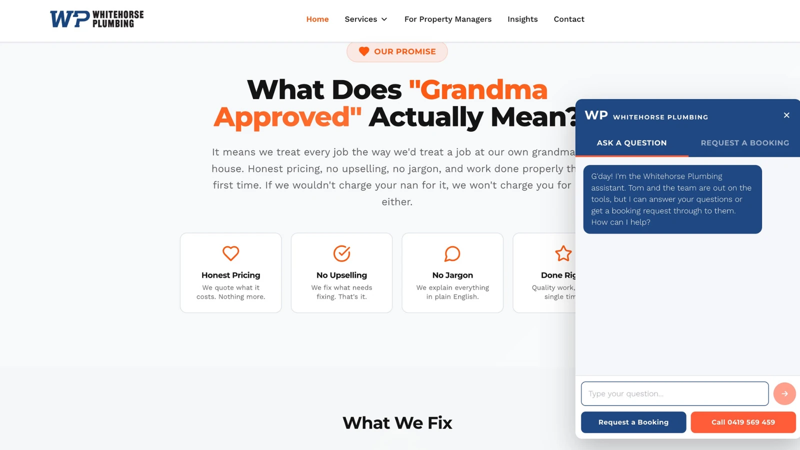 The Whitehorse Plumbing website, with the booking assistant open