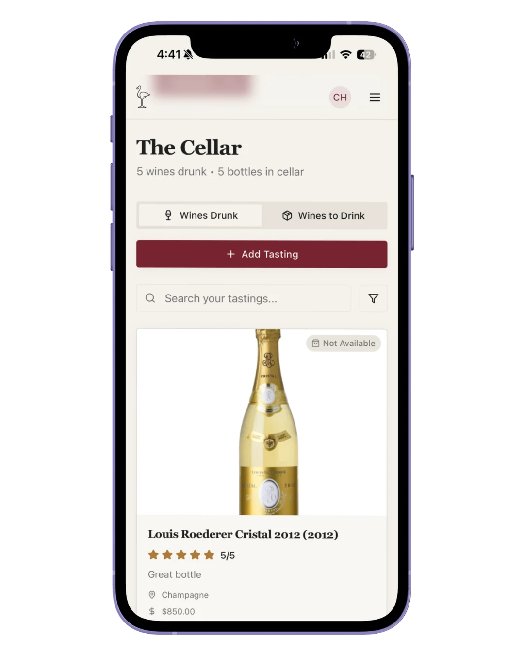 The Wine Animal cellar app, showing a customer's logged tastings