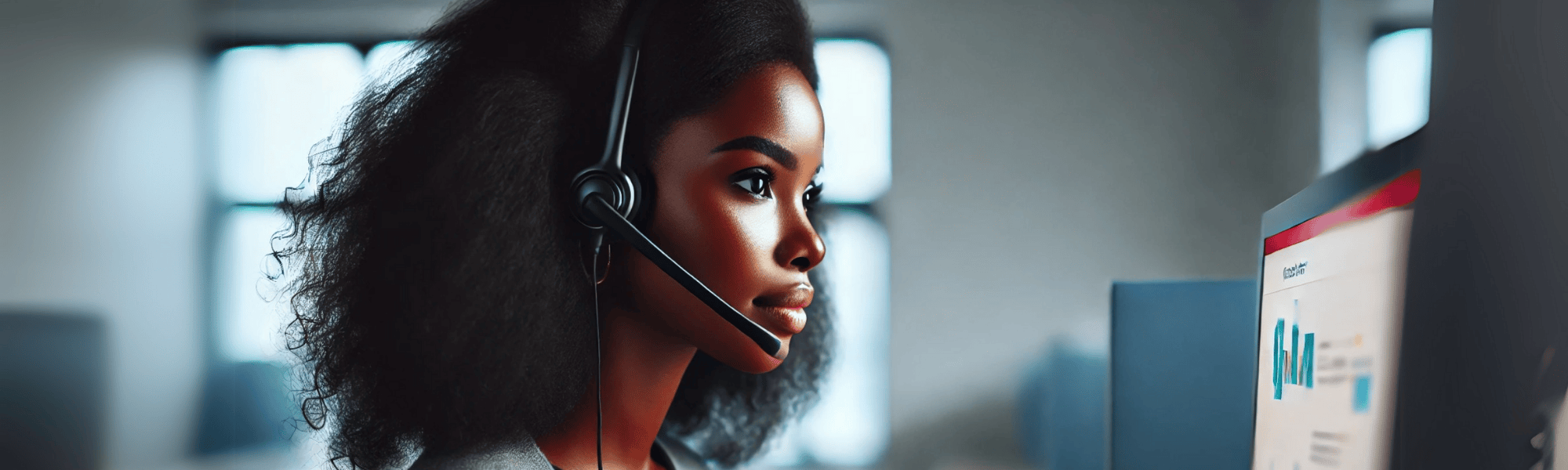 Focused woman wearing a headset working at a computer in a modern office environment, symbolising AI-powered customer service and automation solutions for businesses.